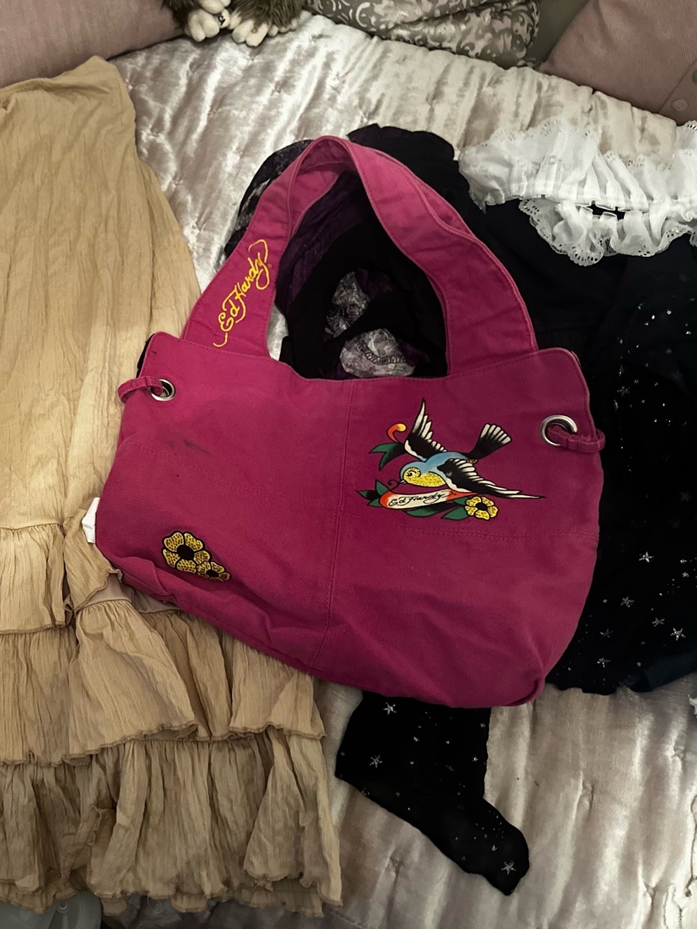 Ed Hardy Magenta Canvas Shoulder Bag with Embroidered Bird and Floral Motifs